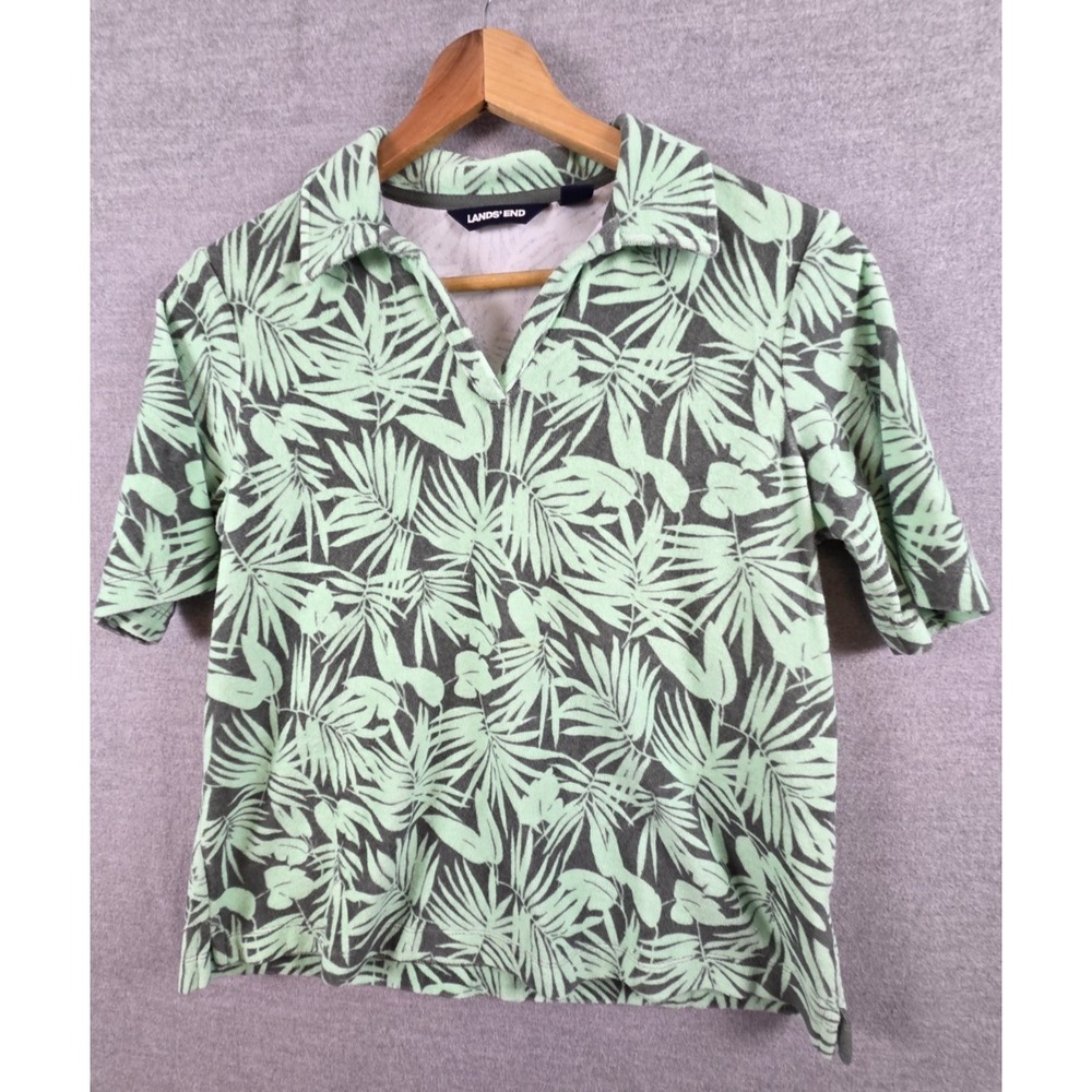Lands End S Terry Cloth Knit Polo Top Green Foliage Palms Beach Boho Coastal